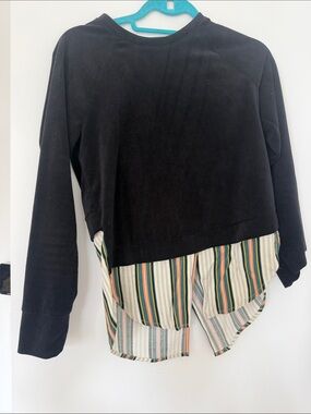 BCBGeneration Black Long Sleeve Layered Top with Striped Hem